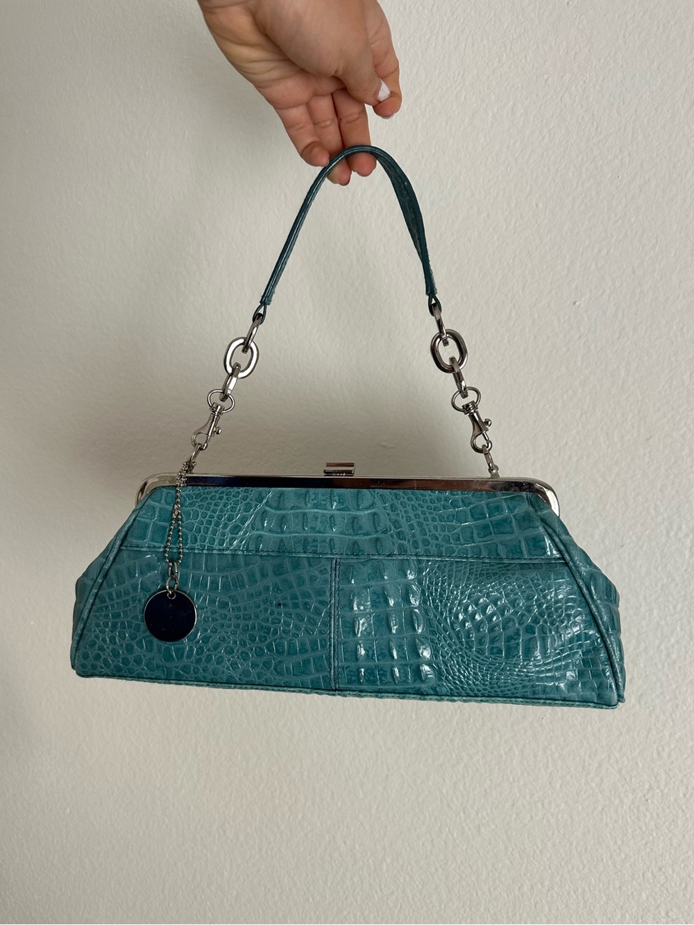 Teal Crocodile Top-Handle Silver Accent Shoulder Bag - Genuine Leather - Picture 3 of 8